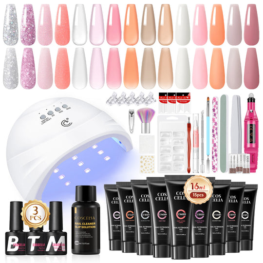 COSCELIA Poly Nail Gel Kit with U V Light and Drill 15PCS Poly Nail Extension Gel Butterfly Nail Art Stickers French Poly Nail Gel Starter Kit Gifts