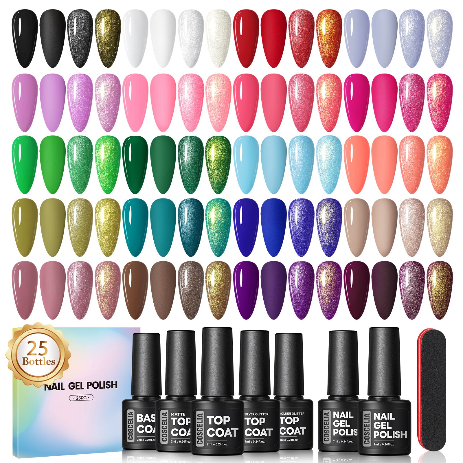 COSCELIA 25PCS Gel Nail Polish Set Fall Colors Gel Nail Polish Soak Off with Glossy Matte Silver Golden Glitter Top Coat Red Brown Black White Green DIY Gifts for Women Girls