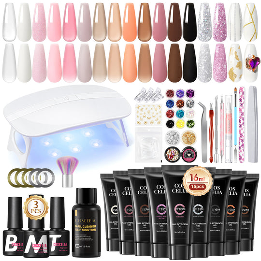 COSCELIA Poly Nail Gel Kit Starter Kit 15 Colors Poly Extension Gel with 12PC Glitter Decoration Powder Nail Stickers Complete Poly Extension Gel Kit DIY Gift for Women