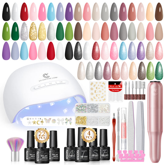 40PC Gel Nail Polish Kit with U V Lamp and Drill, White Black Red Blue Green 22Colors Gel Polish Set with Glossy Matte Glitter Soak Off Top Coat DIY Gifts for Women