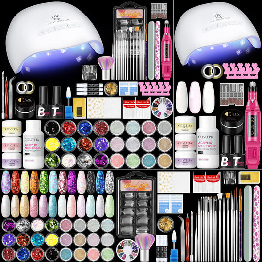 COSCELIA Acrylic Nail Kit with U V Light and Drill for Beginner 3PCS Acrylic Powder 24PCS Glitter Decoration Powder Acrylic Nail Kit Gifts for Women