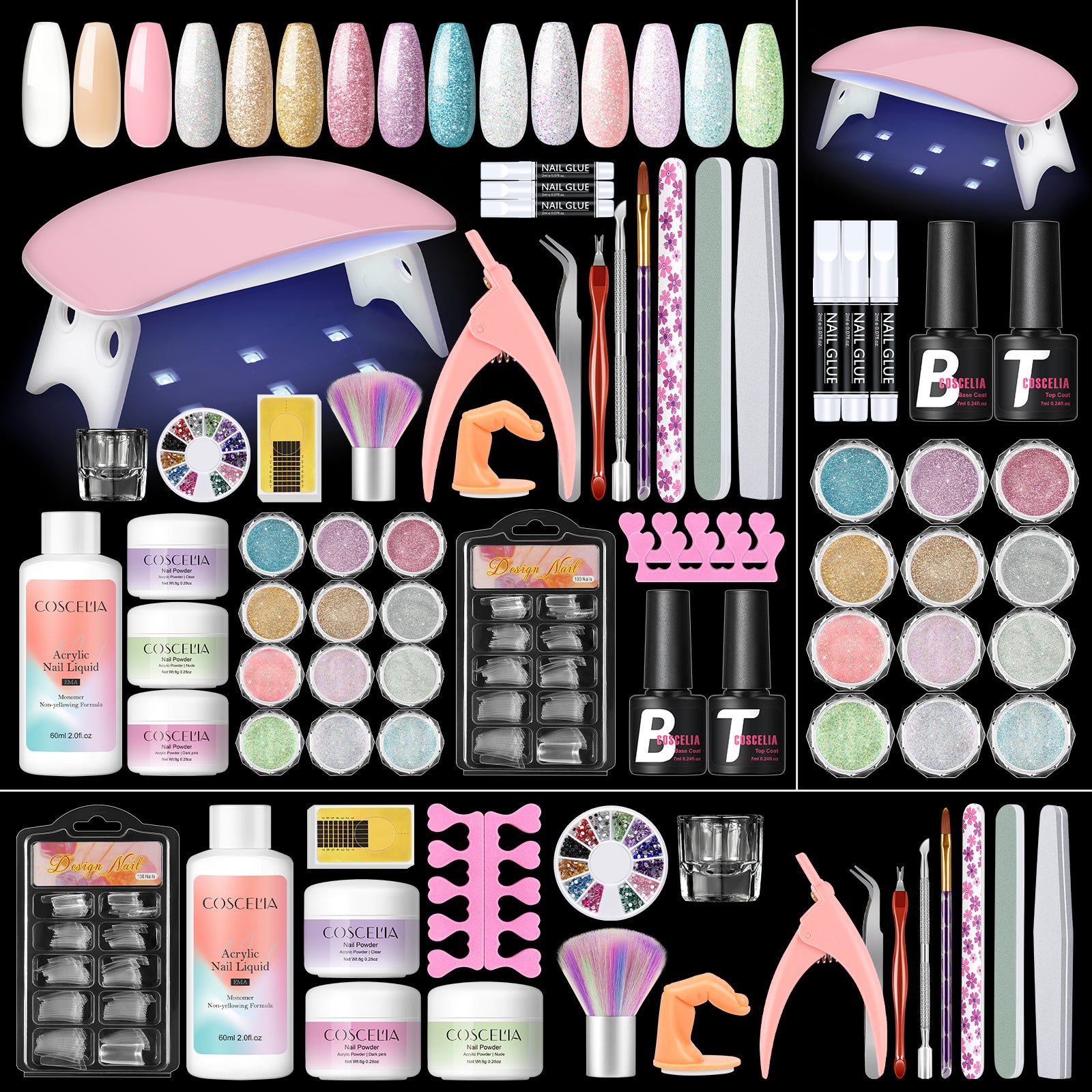 COSCELIA Acrylic Nail Kit with u v Light for Beginners 12PC Glitter Decorations Powders Nail Set Kit Nail Art Professional DIY Gift for Women
