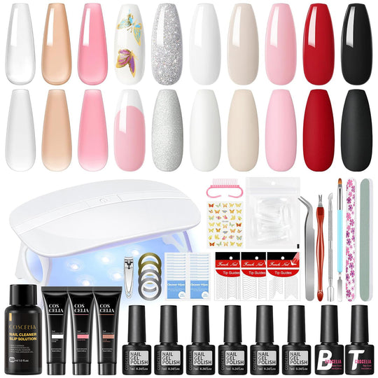 COSCELIA Gel Polish Kit with U V Light Starter Kit 6PC Gel Nail Kit 3PC Poly Extension Gel Base Top Coat Nail Art DIY at Home Gifts for Women