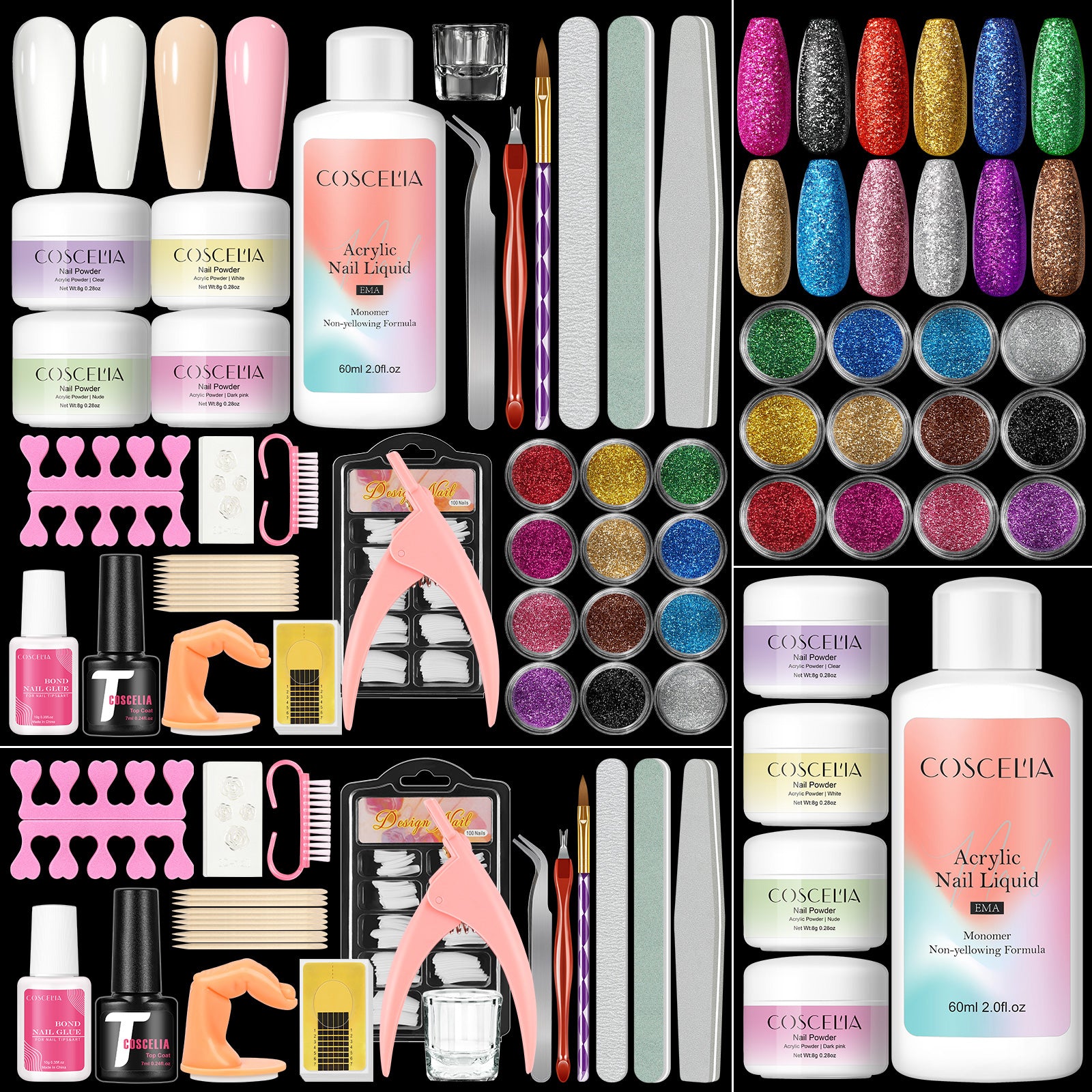 COSCELIA 36PC Acrylic Nail Kit 12 Colors Glitter Decoration Powder Acrylic Nail Kit Complete Kit Nail Art Salon DIY for Women