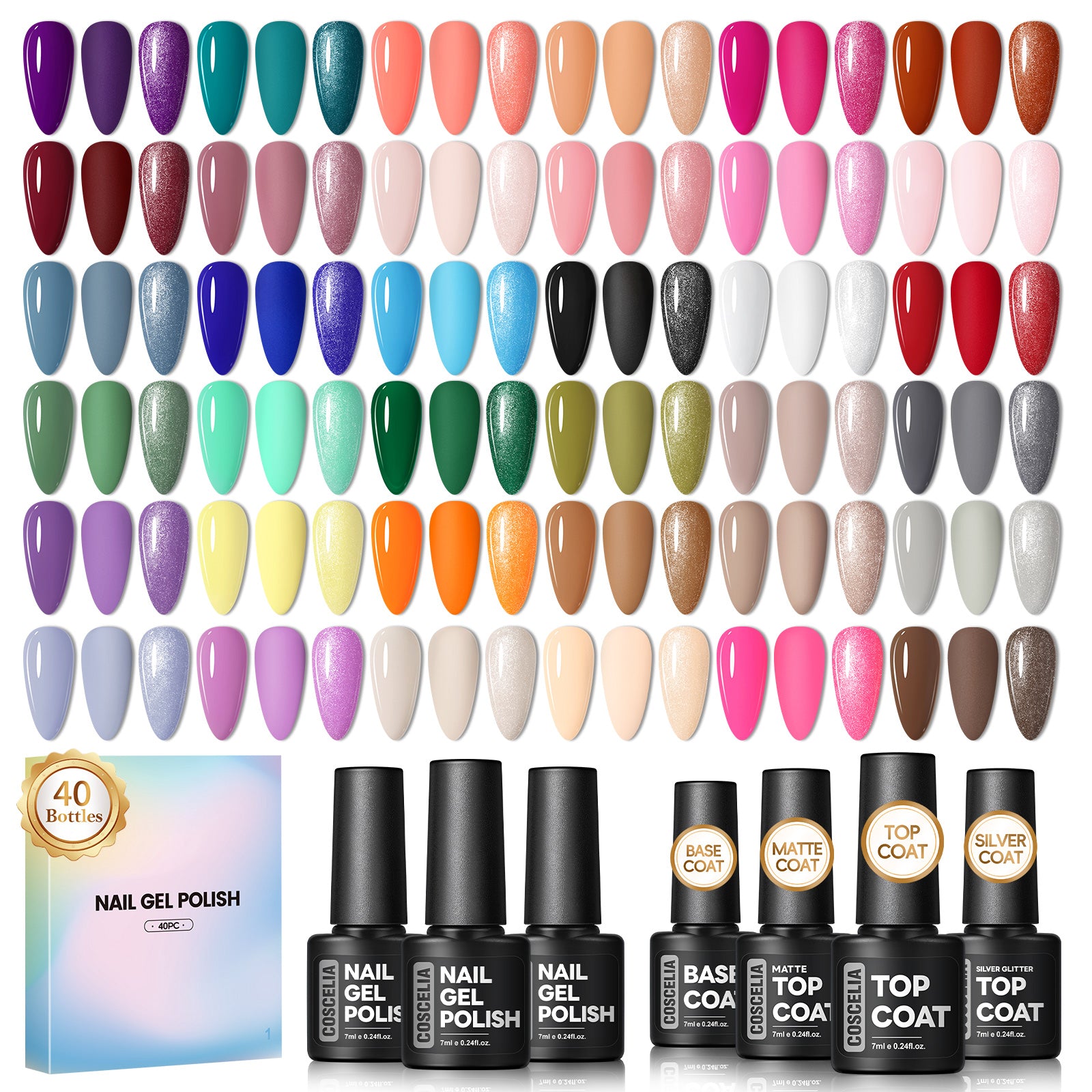 COSCELIA 40PCS Gel Nail Polish, 36 Colors Gel Polish Set All Seasons | 36 Colors Gel Polish Set with 4pcs Top Base Coat, Nude Red Brown White Blue Pastel Fall Colors, Gifts for Women