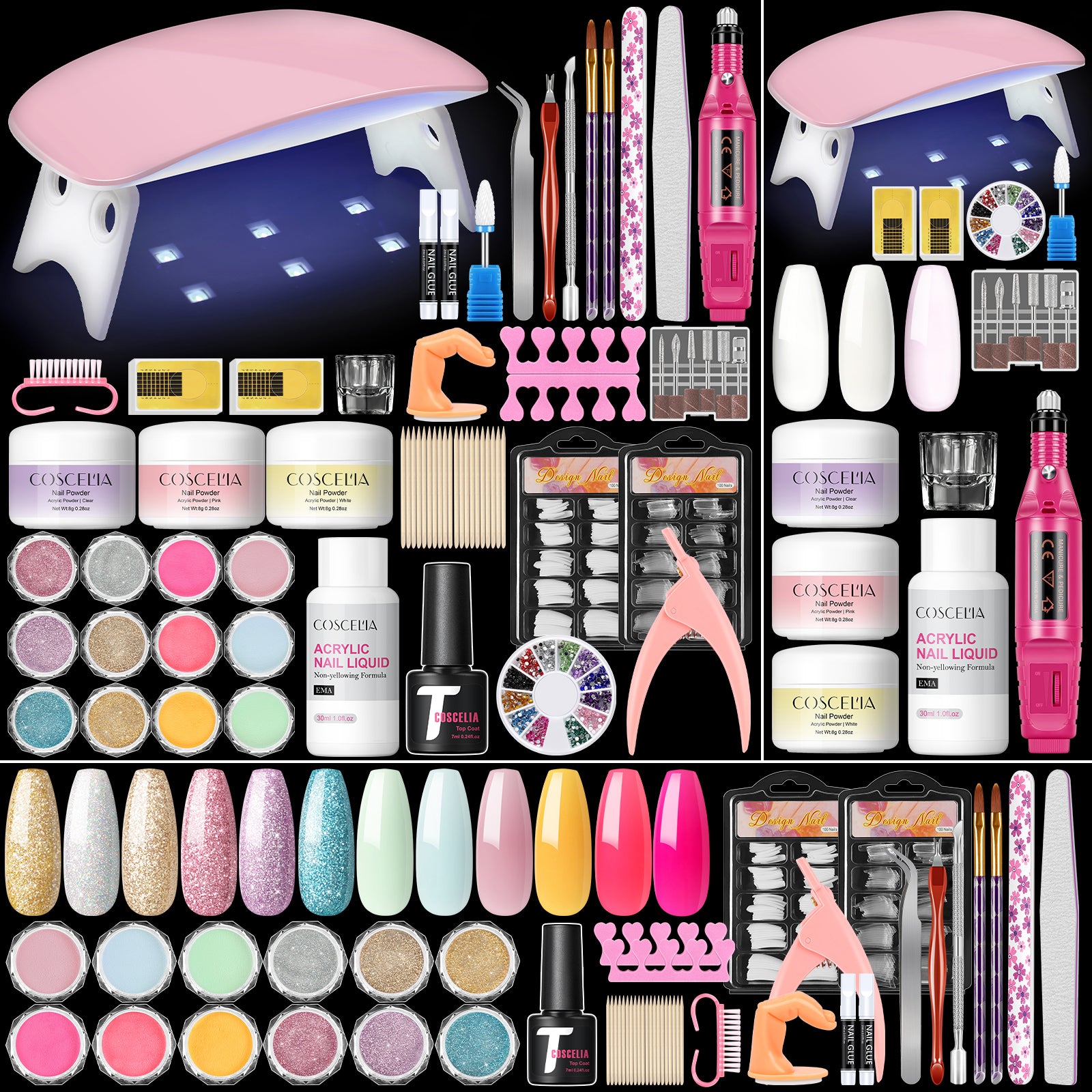 Coscelia Acrylic Nail Kit with U V Light and Drill Glitter Acrylic Powder and Liquid Set for Home Use
