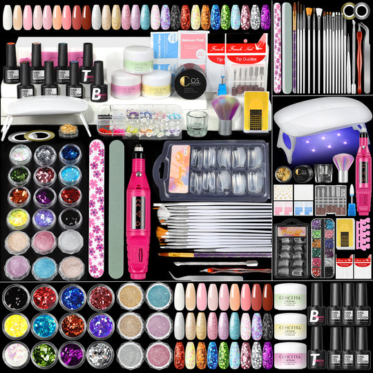 COSCELIA Acrylic Nail Kit Complete Set 3PC Acrylic Powder 6pcs Gel Nail Polish Set 100pcs Acrylic Nail Tips Nail Art Gift for Women