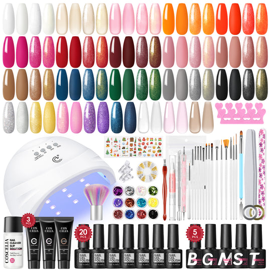 COSCELIA Gel Nail Polish Kit with U V Light 20pc Gel Polish 3pc Poly Nail Gel Glitter Decoration Powders Nail Stickers Gift for Women