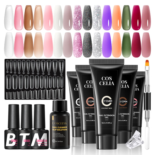 COSCELIA 21PC Nail Extension Gel Kit 16ML 15 Colors Poly Extension Gel for Beginners without Lamp Glossy Matte Top Coat Starter Kit DIY Salon at Home Gifts for Women