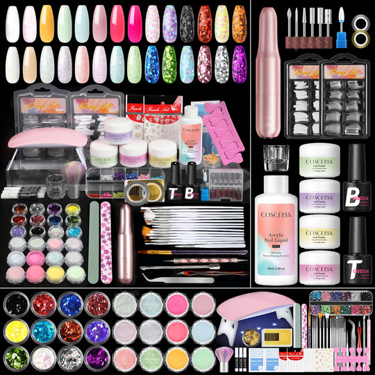 COSCELIA Acrylic Nail Kit Complete Set with Drill and U V Light 24PC Glitter Powder Acrylic Nail Kit Starter Kit Gifts for Women