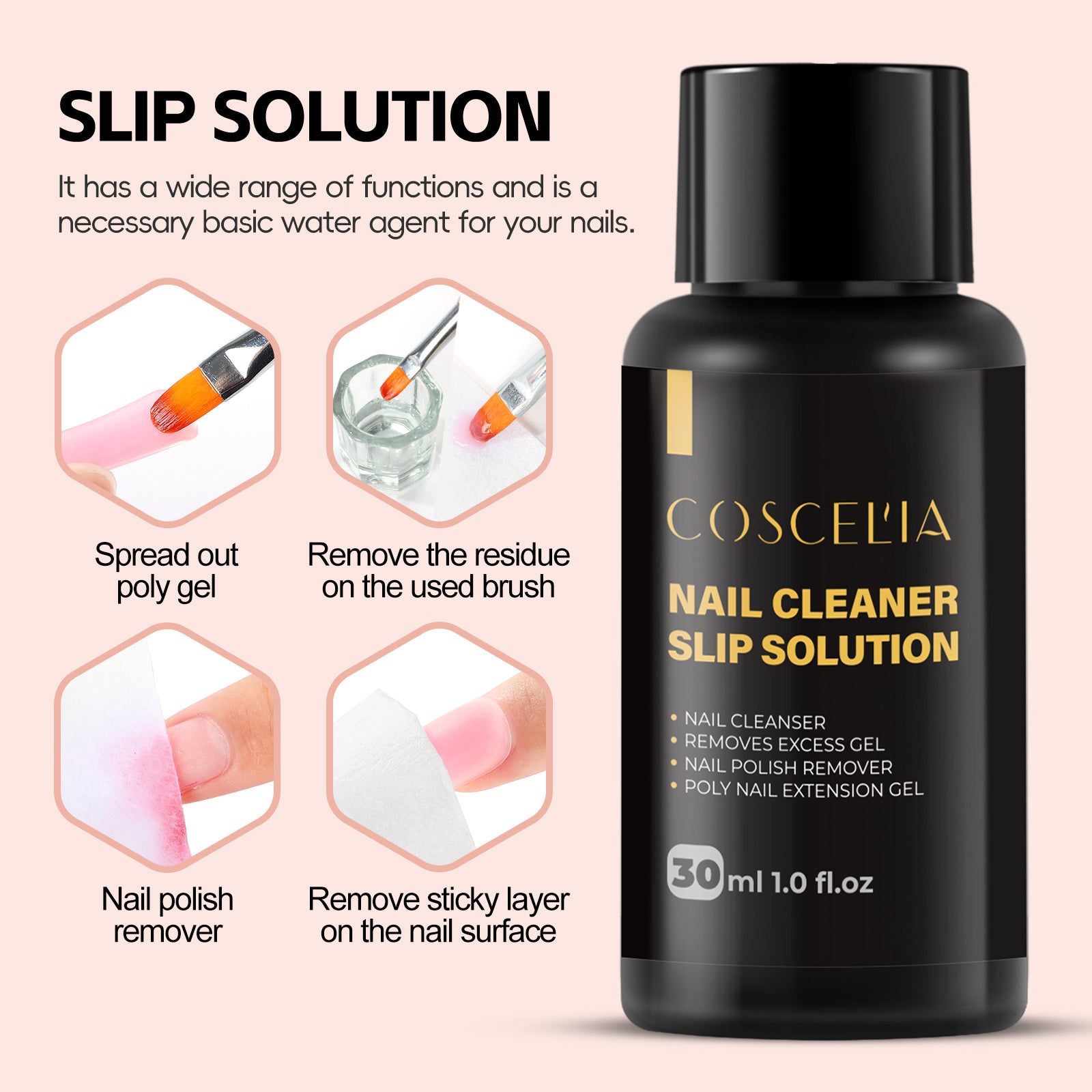 Coscelia Nail Slip Solution 30ML - Cleaner Nail Slip Solution for Nail Extensions Gel for Easy DIY Poly Gel Nail