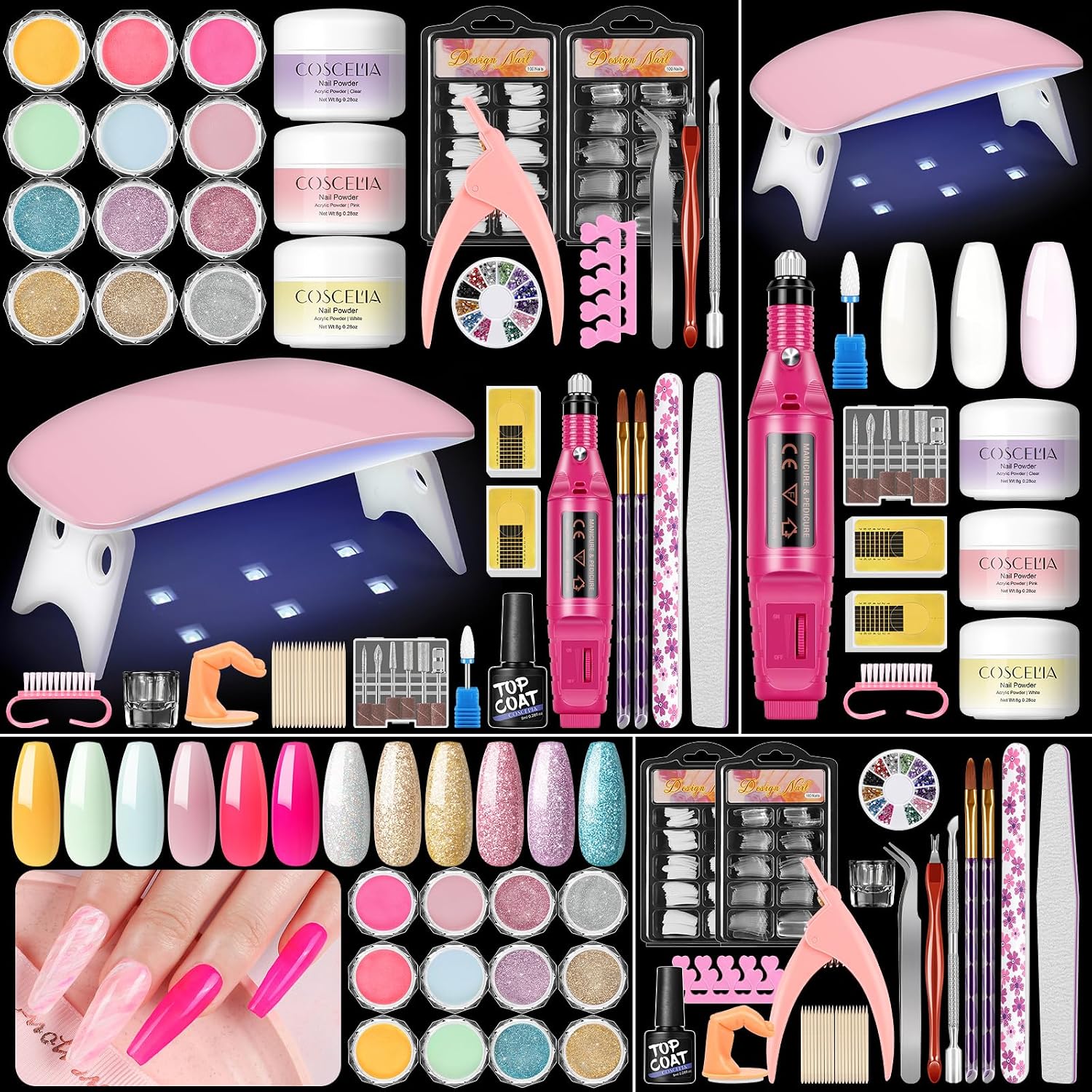 COSCELIA Acrylic Nail Kit for Beginners with Everything Drill & Light | Nails Kit Acrylic Set, Acrylic Powder, Glitter Rhinestones Decorations, Long Lasting, Nail Art Difts for Women Home Salon