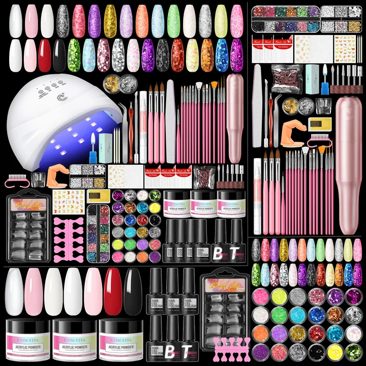COSCELIA Acrylic Nail Kit for Beginners 4PC Gel Nail Polish, 3PC Acrylic Powder, All kinds of decorations, Nail Tips and brush, Complete Manicure Kit, Nail Gifts