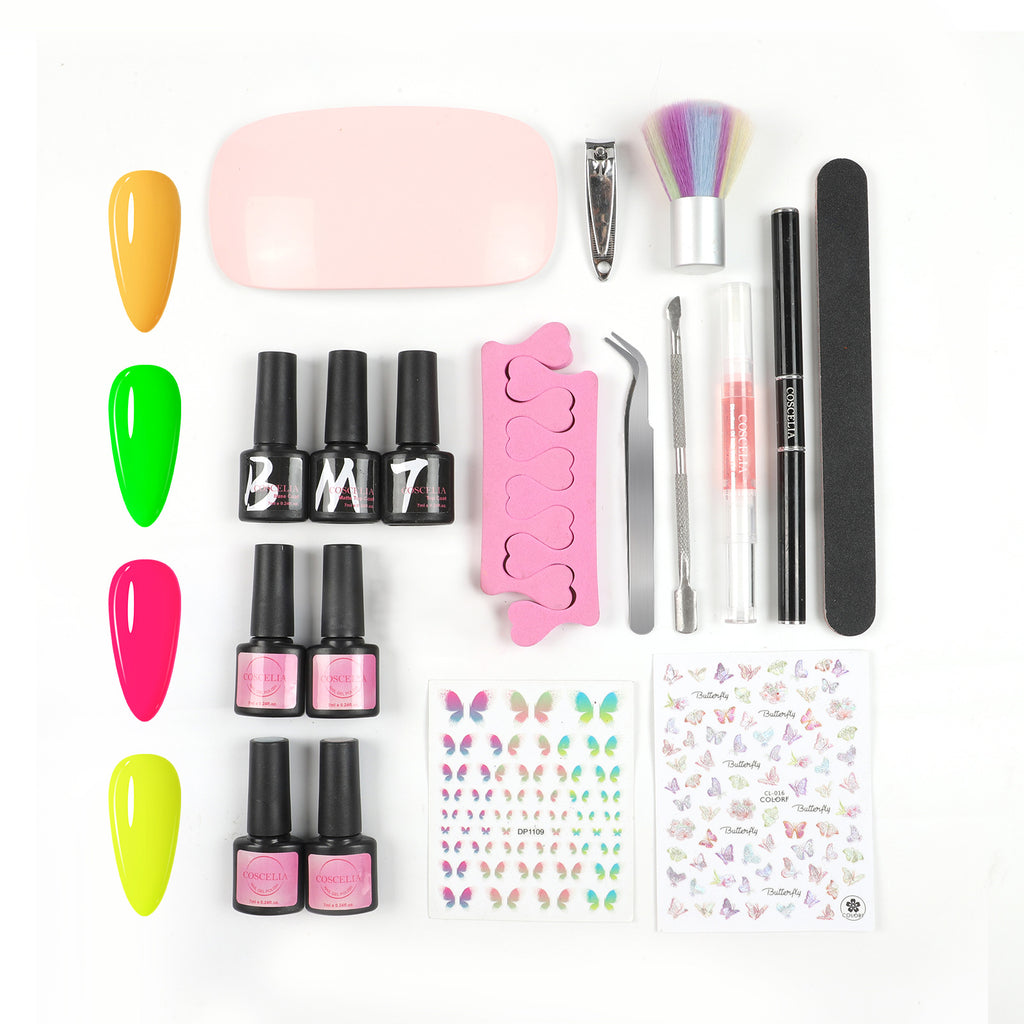 Coscelia Gel Polish Kit Wtih UV Nail Lamp - 4 Colors Gel Polish Set with Base Top Coat ＆ Nail Art Tool Set, Nail Salon Quality, Women Gift