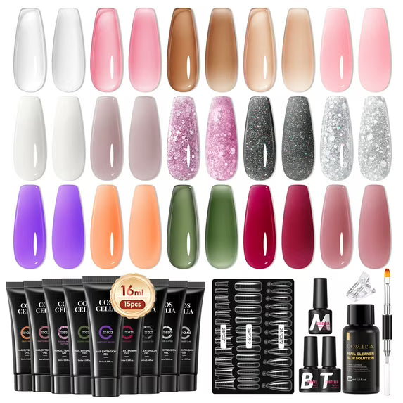 COSCELIA Poly Nail Gel Kit Starter Kit 18 Colors Nail Extension Gel with Matte Top Base Coat Nail Art Decoration Gift for Women