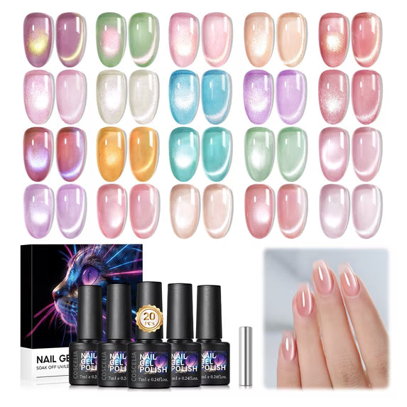 COSCELIA Cat Eye Gel Nail Polish Kit with Magnet 20*7ML Spring Gel Nail Polish Natural Glitter Gel Polish Set DIY Salon at Home