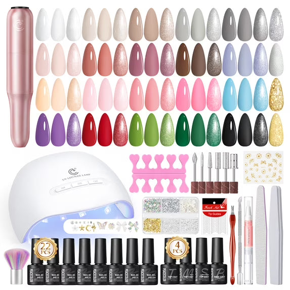 40PC Gel Nail Polish Kit with U V Lamp and Drill, White Black Red Blue Green 22Colors Gel Polish Set with Glossy Matte Glitter Soak Off Top Coat DIY Gifts for Women