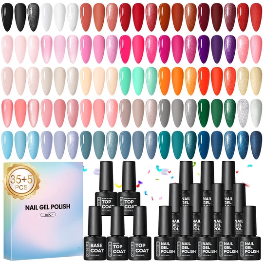 Coscelia 40PC Gel Nail Polish Set Pink Nude Red Multi Type Top Base Coat Kit Glitter 35 Colors Gel Polish Set Nail Art DIY at Home Gift for Women