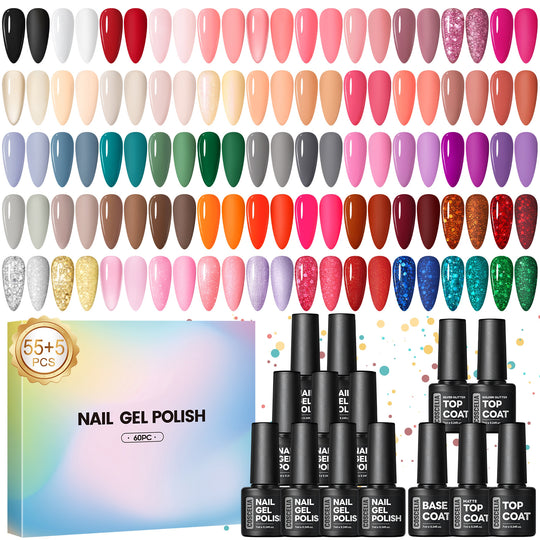 COSCELIA 60PC Gel Nail Polish Set Red Nude Pink Glitter Colors Multiple Top Base Coat Nail Art Salon at Home Gift for Women